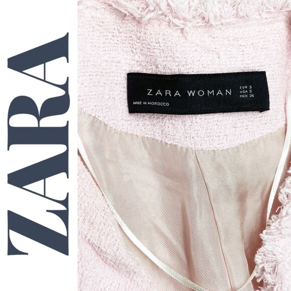 ZARA  Blush Pink Tweed Frayed Edge Longline Open Front Jacket Coat, Size Small - Picture 10 of 13